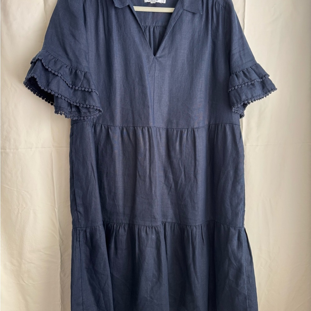 Chico’s Navy Blue Tiered 100% Linen Dress with Ruffled Sleeves